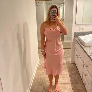 Baby Pink Bebe Satin Midi Dress